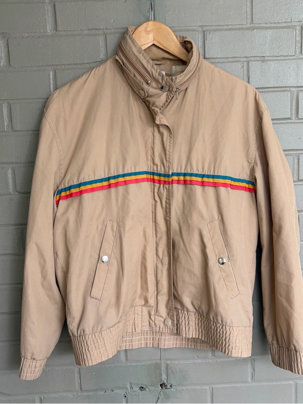 Vintage 70s Henri Christian Iconic Khaki Jacket with Rainbow Trim 11/12